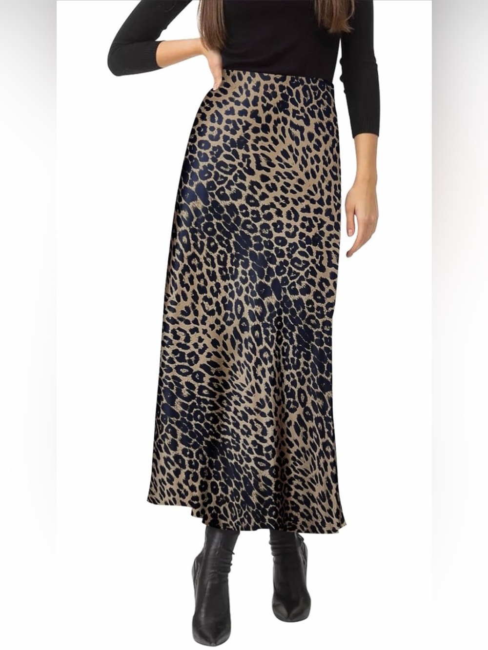 Boutique Satin Leopard Print Midi Skirt - Beige & Black Size M